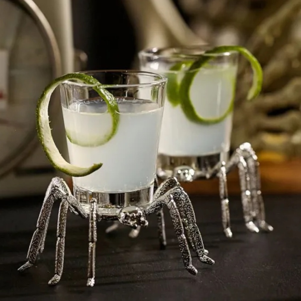 Pottery Barn Creepy Crawly Spider Shot Glass Set/2 Super Rare!